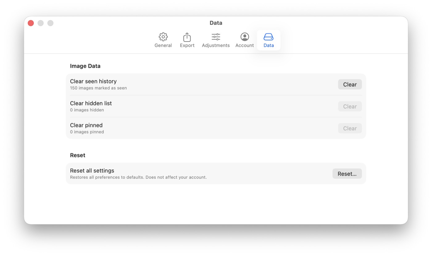 Photostream data settings showing clear seen history, hidden list, pinned state, and reset controls
