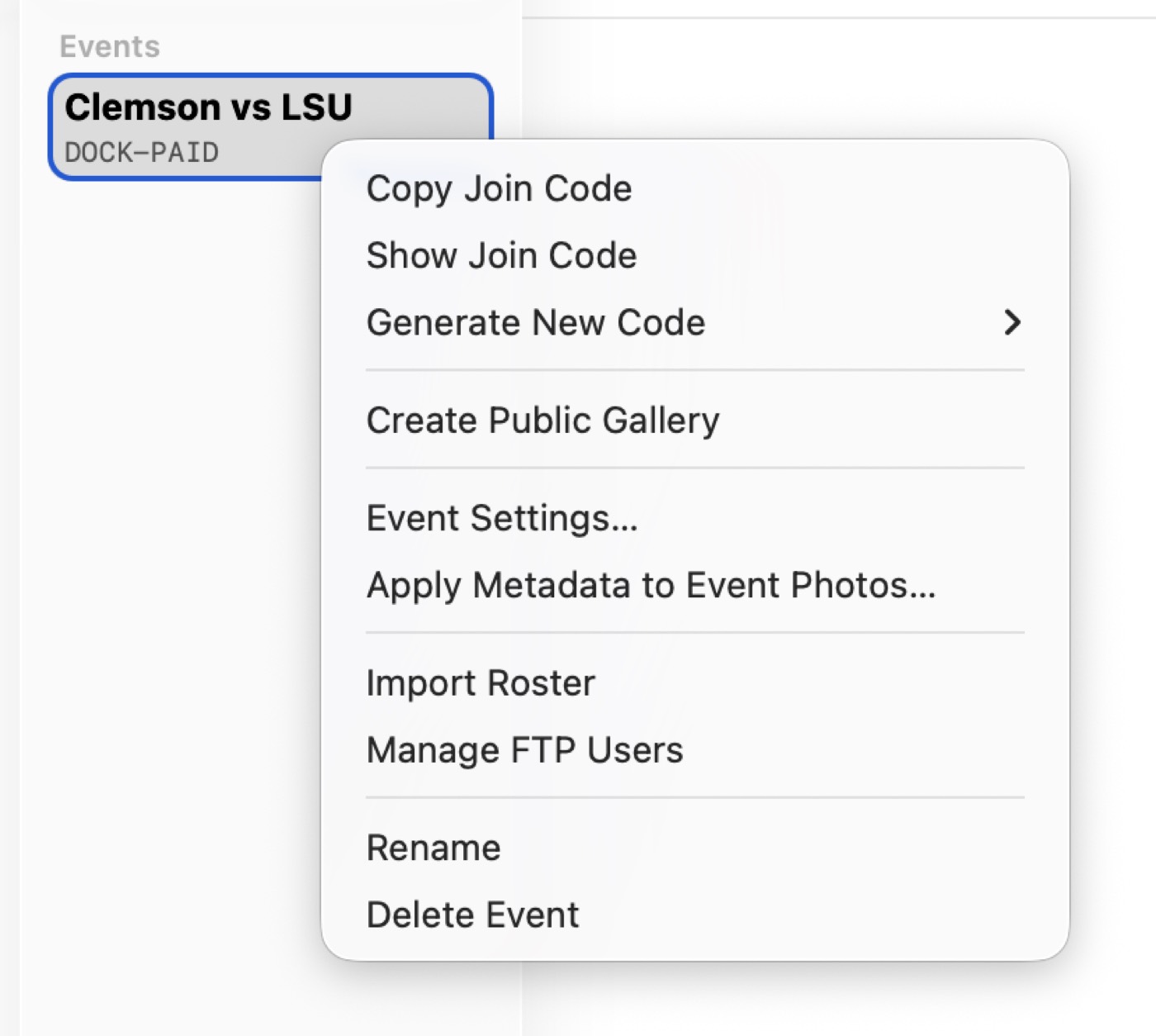 Photostream sidebar context menu showing join code, public gallery, metadata, roster, and FTP user actions