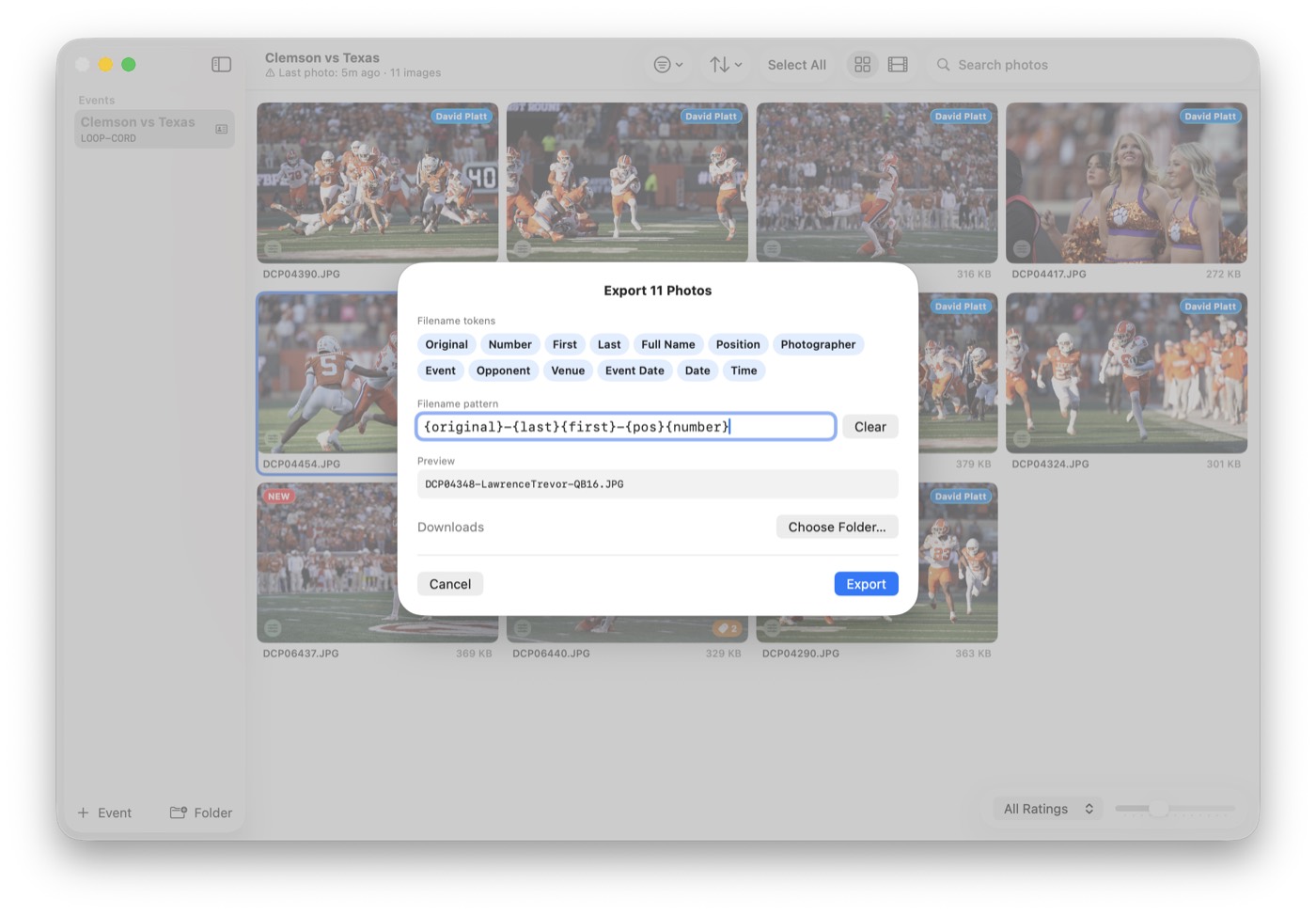 Photostream export dialog showing filename token options based on event and player metadata