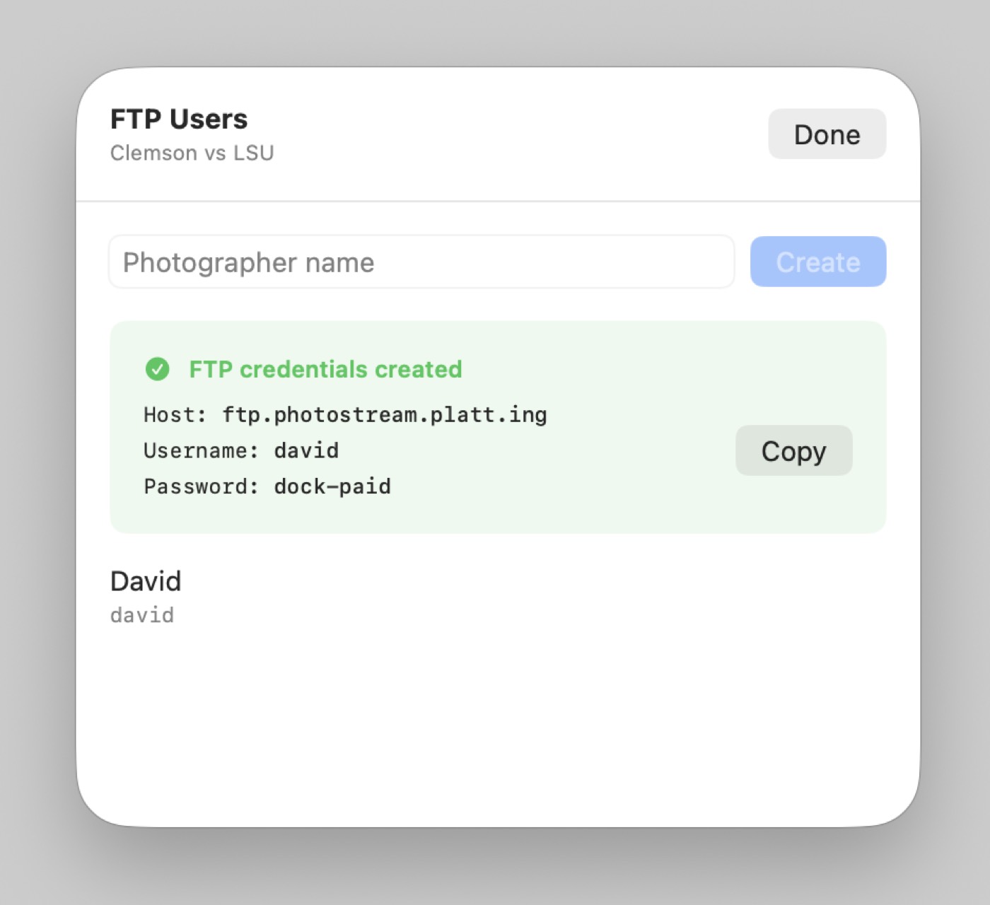 Photostream FTP user credentials modal showing host, generated username, and join code password