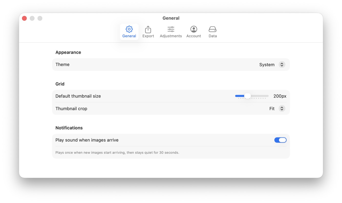 Photostream general settings showing theme, thumbnail size, thumbnail crop, and new-image sound notification
