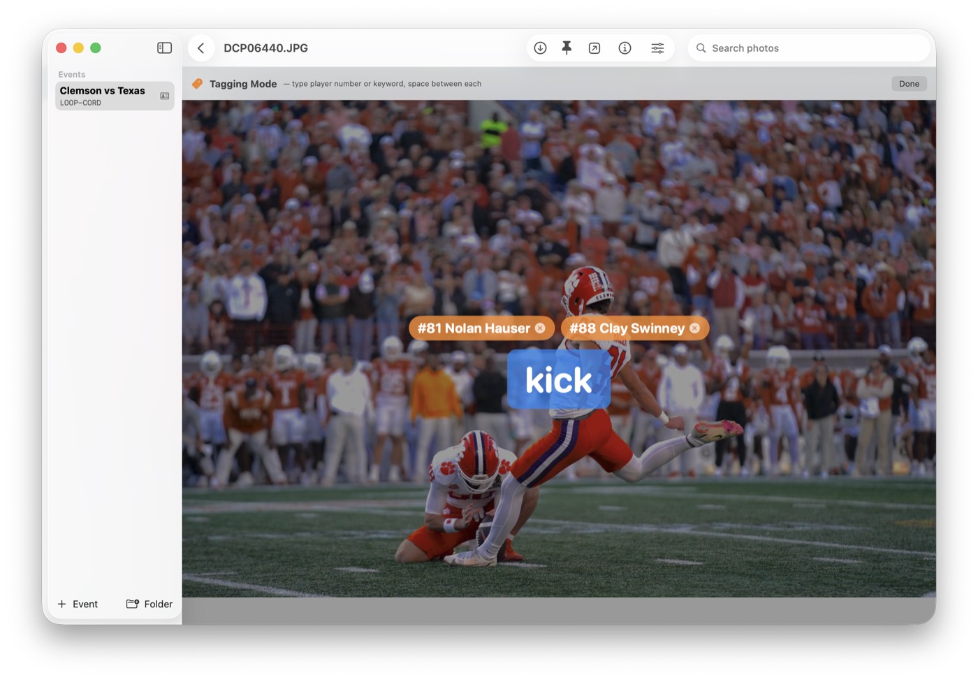 Photostream tagging mode showing player tags and a keyword tag