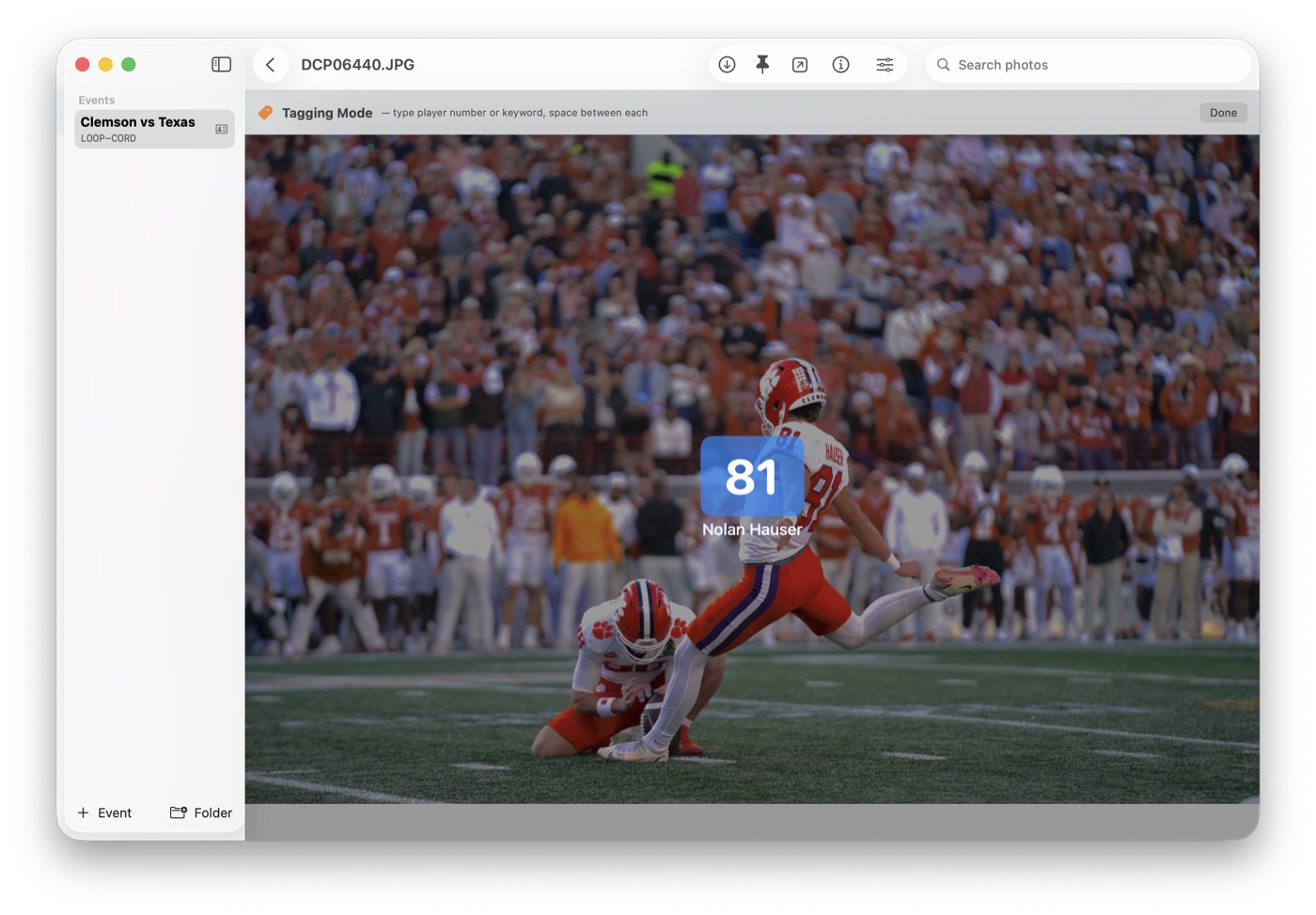 Photostream tagging mode resolving jersey number 81 to a player name