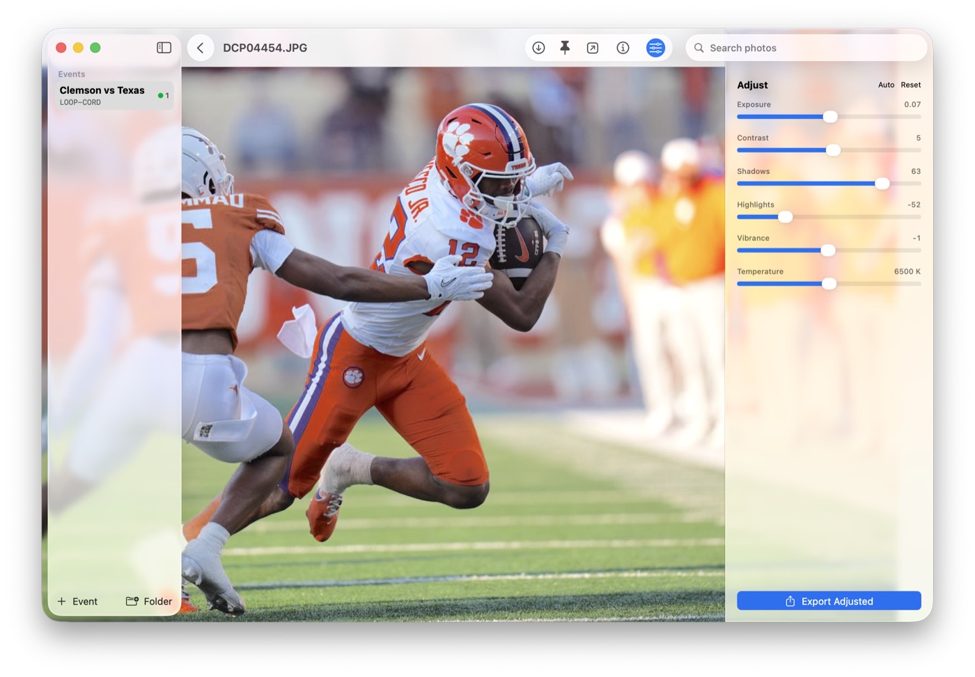 Photostream image viewer with exposure and color adjustment controls open