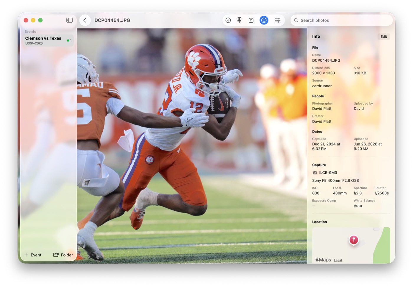Photostream image viewer with inspector open showing file and camera metadata