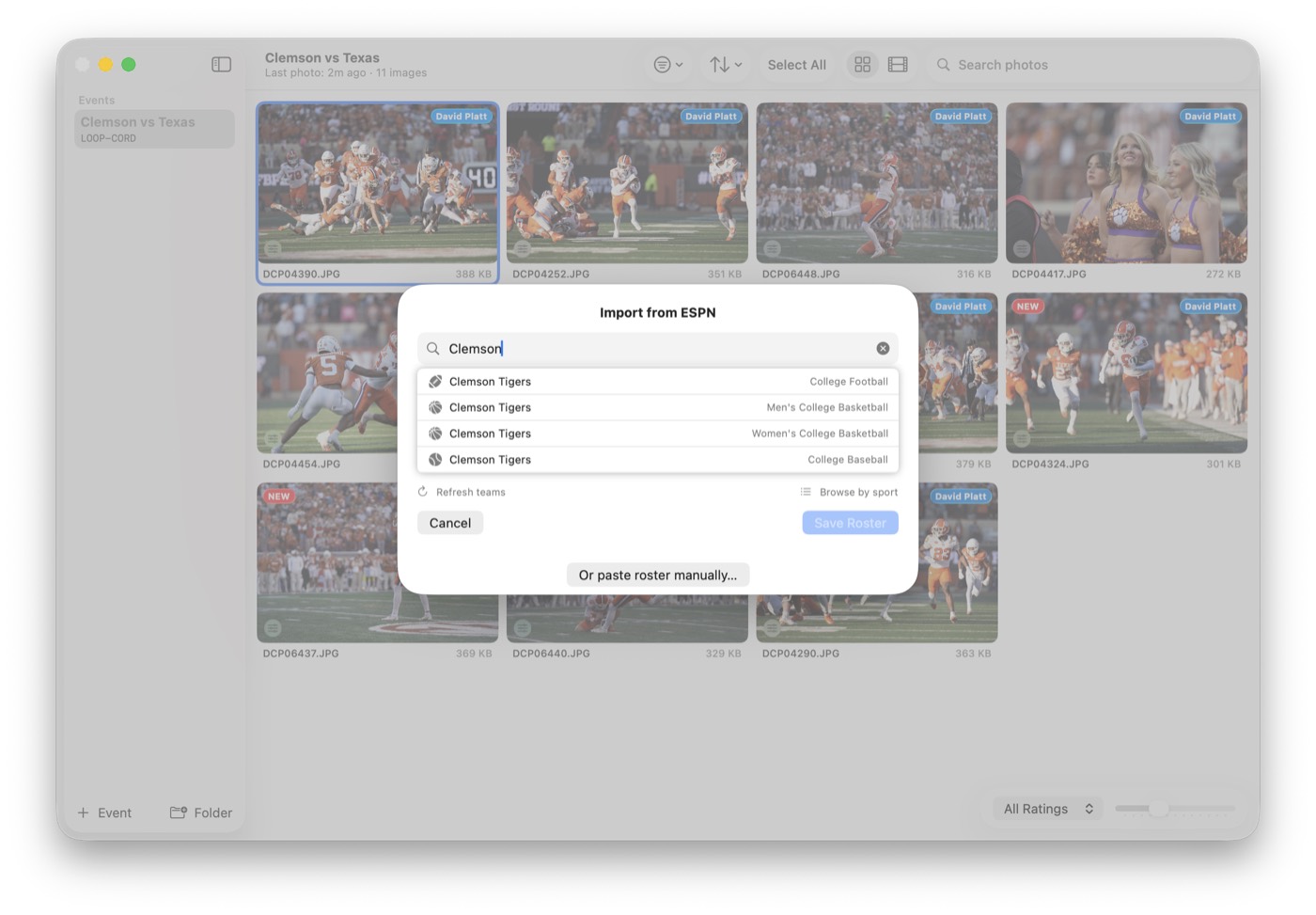 Photostream roster import view with team search, sport browser, and manual paste options